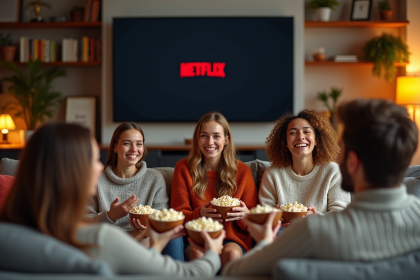 Groupe d'amis regardant Netflix sur un canapé moderne