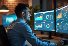 Jeune homme analysant des données sur un grand écran en bureau