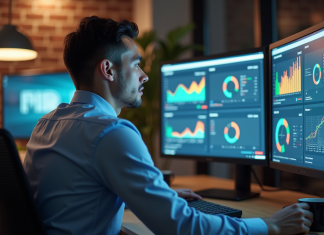 Utilisations et avantages de l’outil Splunk : découvrez comment il fonctionne ! Jeune homme analysant des données sur un grand écran en bureau