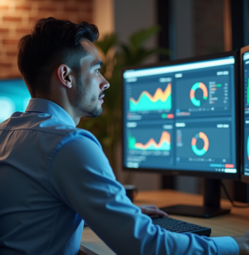 Utilisations et avantages de l’outil Splunk : découvrez comment il fonctionne ! Jeune homme analysant des données sur un grand écran en bureau