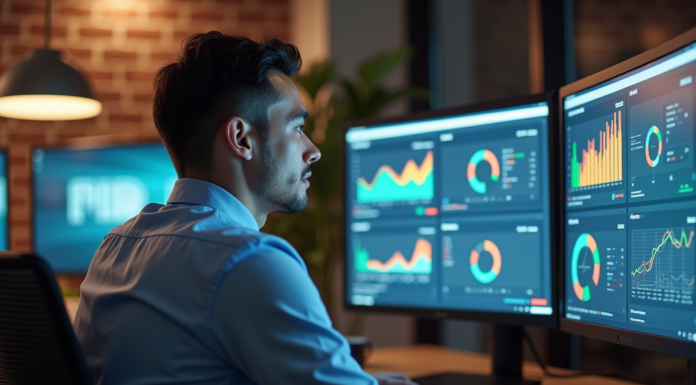 Jeune homme analysant des données sur un grand écran en bureau