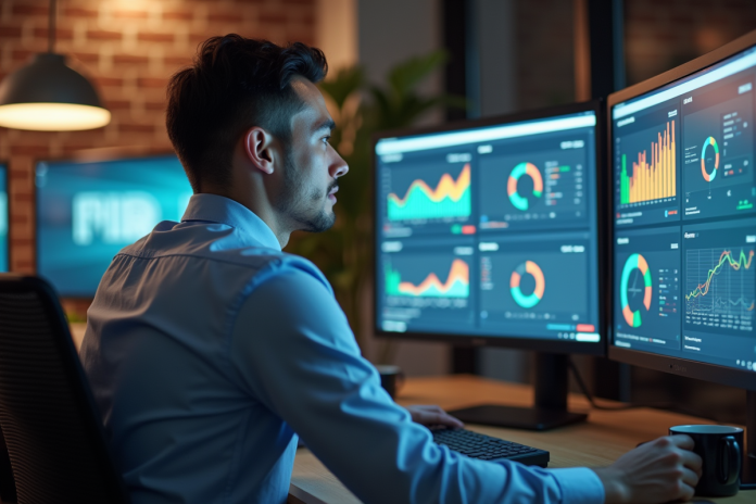 analyste-donnees-bureau Jeune homme analysant des données sur un grand écran en bureau