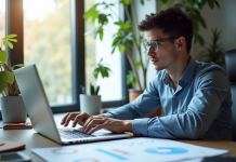 Jeune professionnel analysant des données SEO sur un ordinateur portable