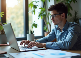 Objectif d’un plan SEO : définition et importance pour le référencement Jeune professionnel analysant des données SEO sur un ordinateur portable