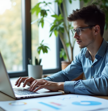 Jeune professionnel analysant des données SEO sur un ordinateur portable