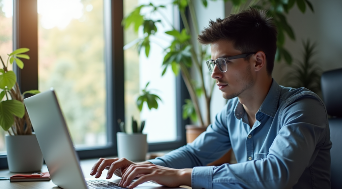 Jeune professionnel analysant des données SEO sur un ordinateur portable