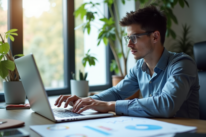 analyste-seo-laptop-bureau Jeune professionnel analysant des données SEO sur un ordinateur portable