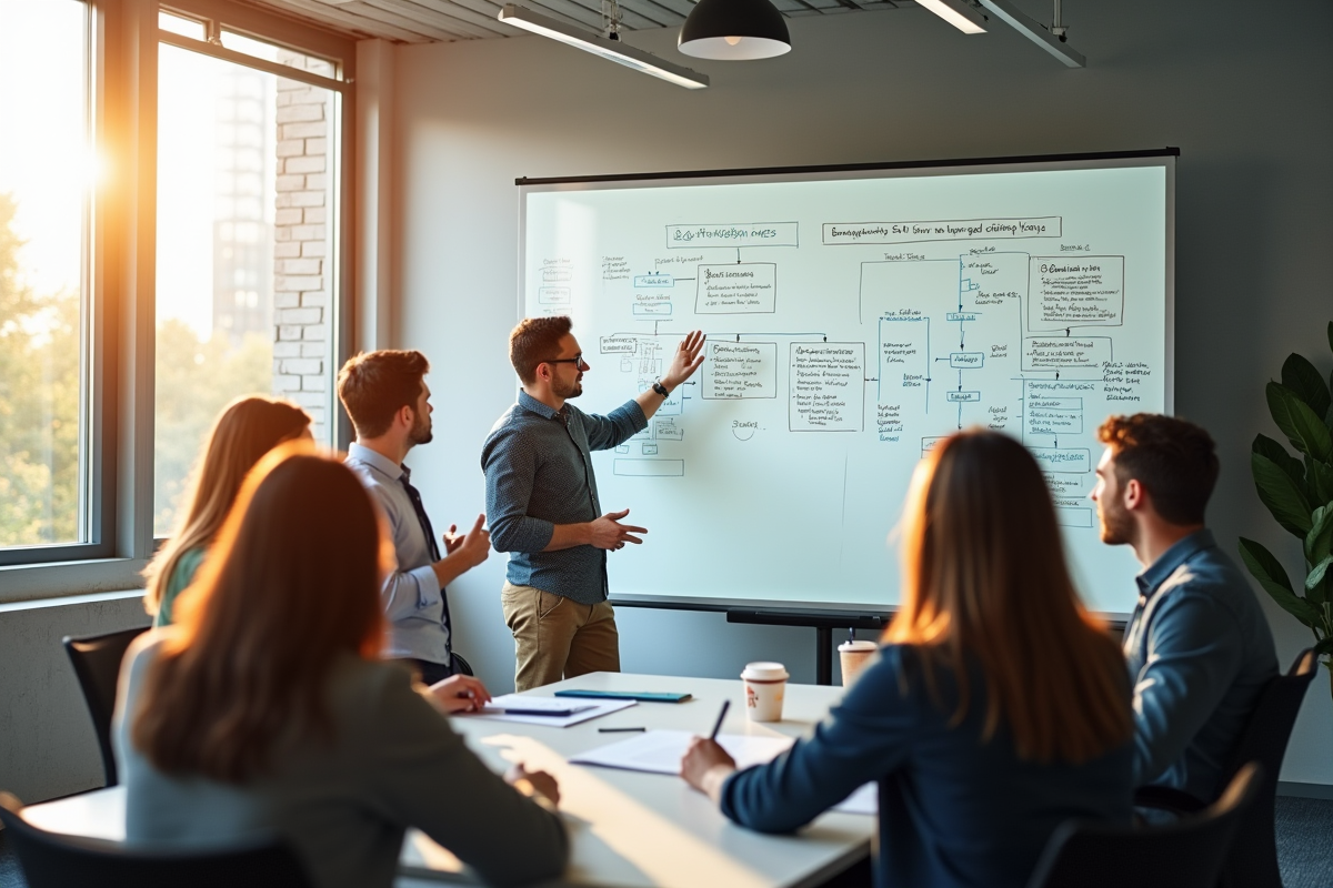 Groupe en réunion brainstorming stratégie SEO avec tableau blanc lumineux