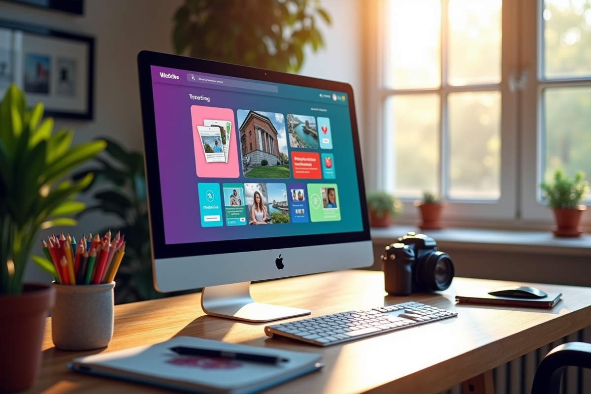 Espace de travail avec écran social media et matériel créatif