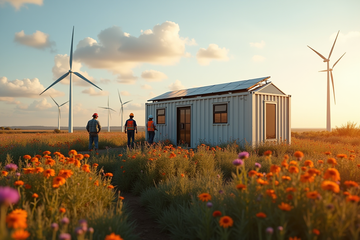 Centre de données solaire en milieu rural avec éoliennes et techniciens