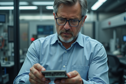 Chercheur homme examine composant quantique dans laboratoire