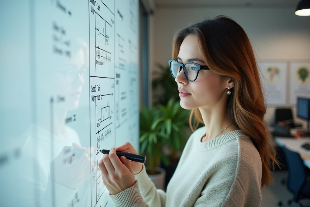 Femme chercheuse esquissant des diagrammes sur un tableau blanc