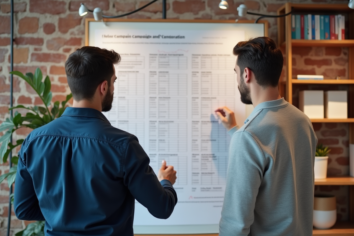 Deux hommes collaborant sur un graphique marketing