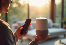 Personne configurant un haut-parleur intelligent avec Alexa dans un salon lumineux