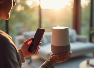 Configuration du Wi-Fi sur Alexa : astuces et conseils Personne configurant un haut-parleur intelligent avec Alexa dans un salon lumineux