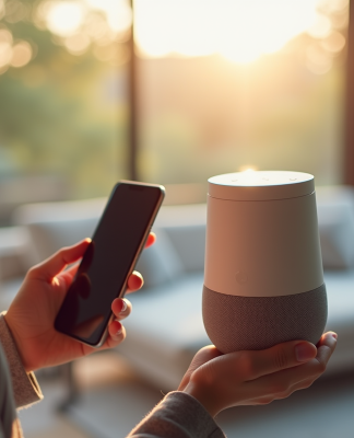 Personne configurant un haut-parleur intelligent avec Alexa dans un salon lumineux