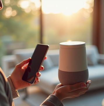 Personne configurant un haut-parleur intelligent avec Alexa dans un salon lumineux