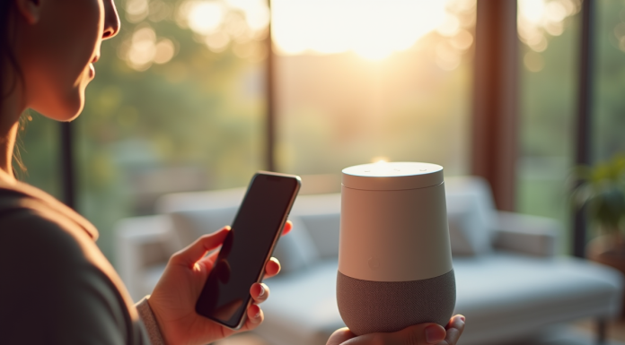 Personne configurant un haut-parleur intelligent avec Alexa dans un salon lumineux