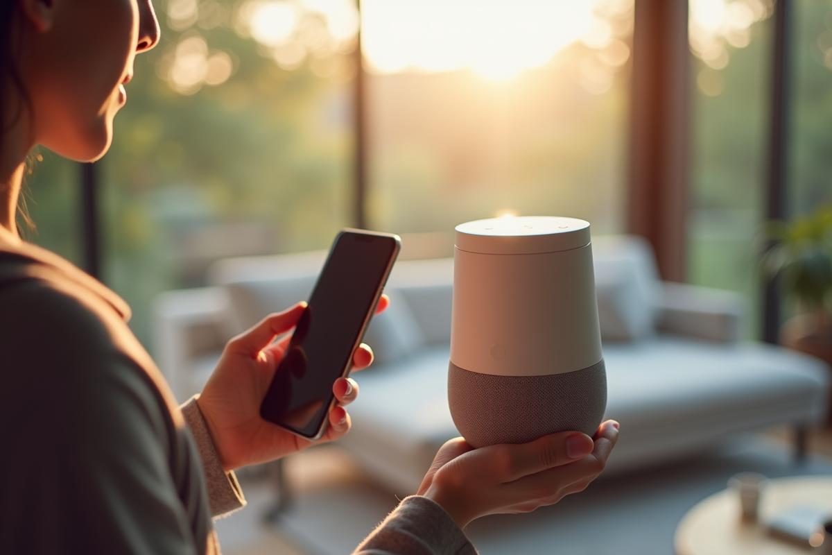 Personne configurant un haut-parleur intelligent avec Alexa dans un salon lumineux