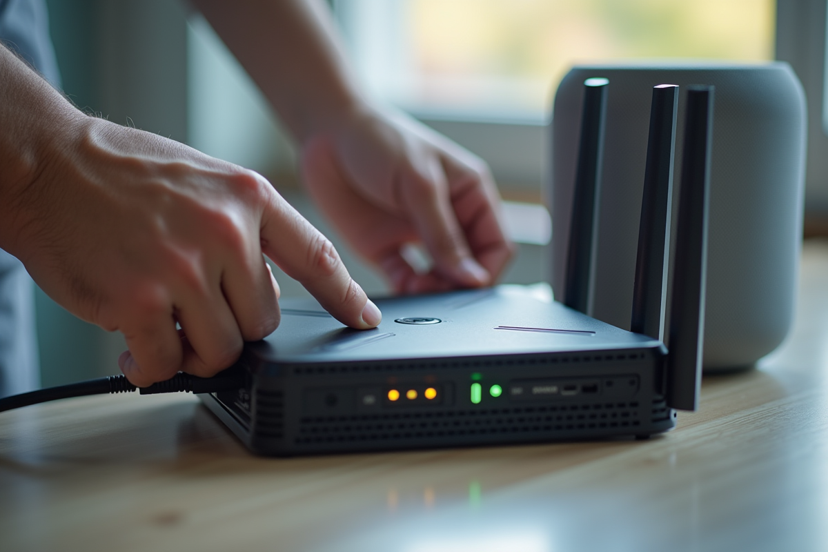 Mains connectant un routeur WiFi et un haut-parleur intelligent avec détails lumineux