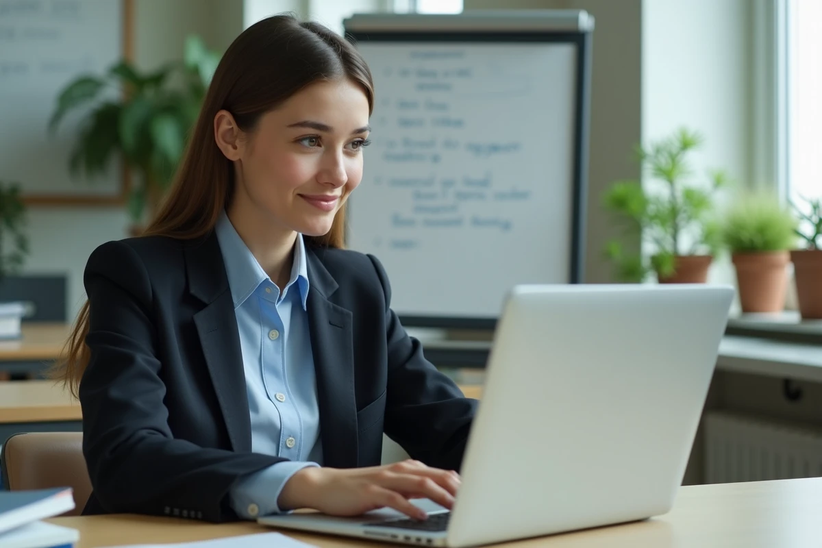 Jeune femme enseignante configurant sa messagerie académique de Grenoble sur un ordinateur portable dans un bureau scolaire moderne