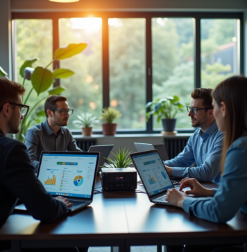 Groupe d'ingénieurs travaillant avec ordinateurs et graphiques d'énergie durable