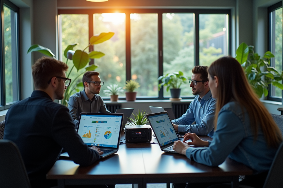 Groupe d'ingénieurs travaillant avec ordinateurs et graphiques d'énergie durable