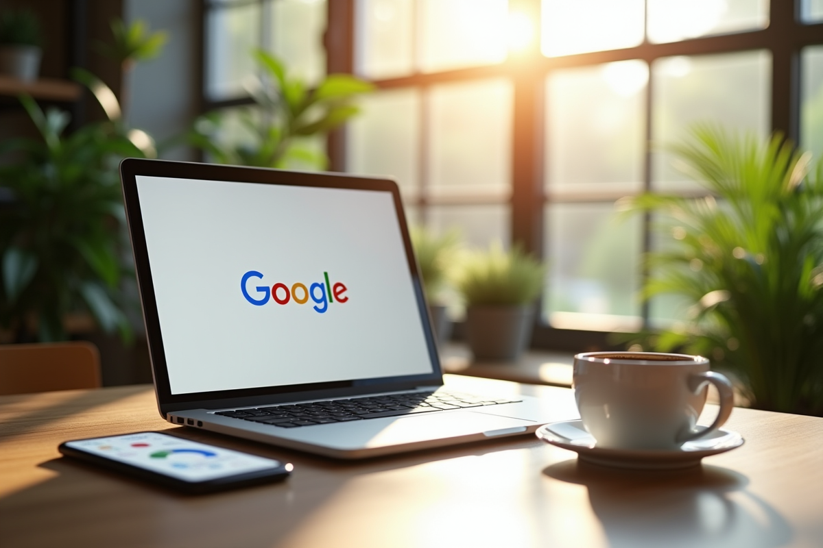 Espace de travail moderne avec ordinateur et plantes vertes