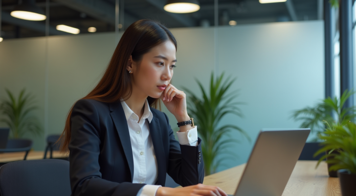 Jeune femme professionnelle analysant des données Facebook