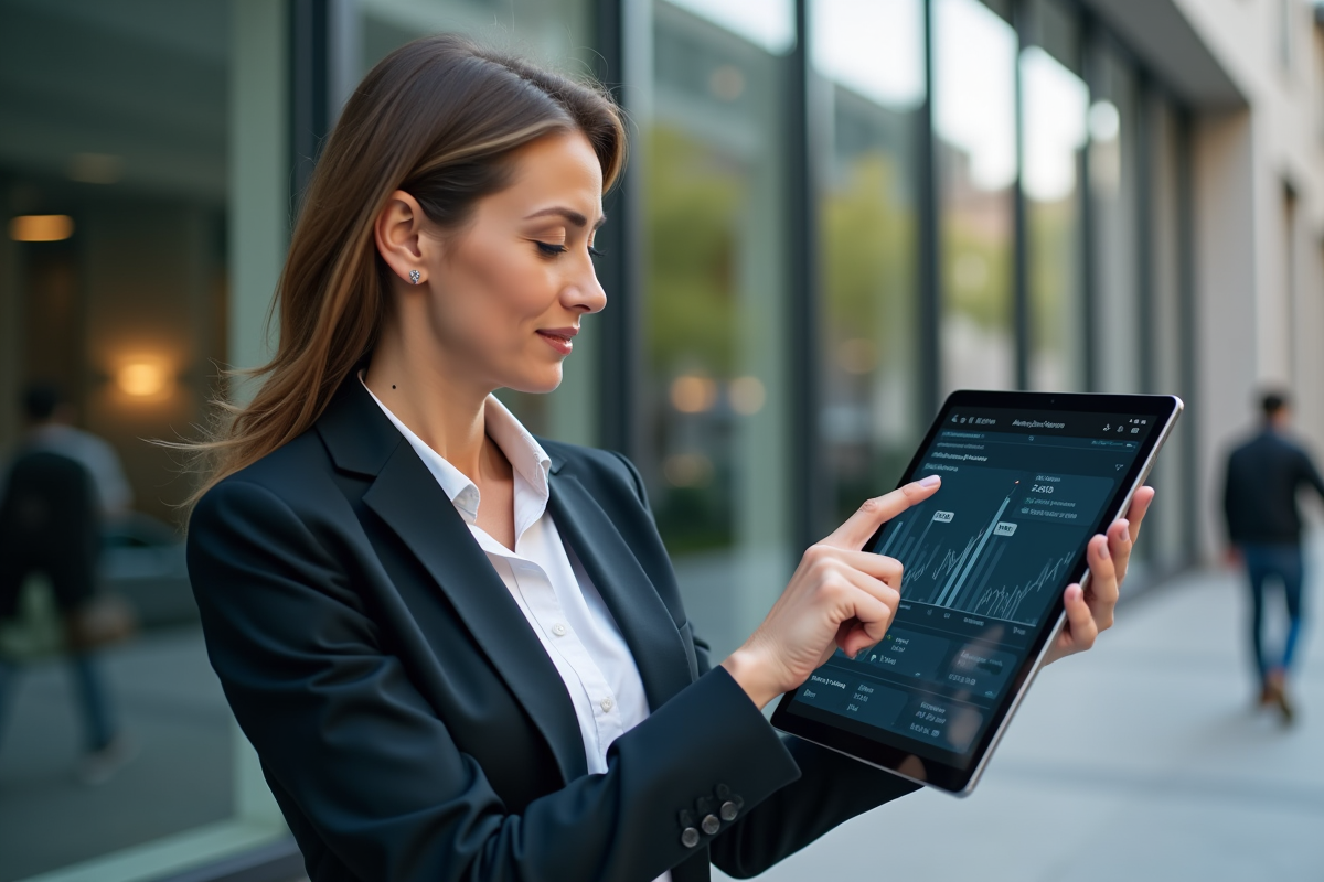 Femme analysant des données sur une tablette en extérieur