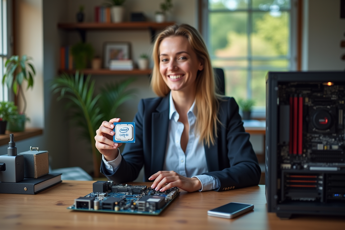 Femme assemble un ordinateur dans un bureau moderne