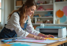 Femme en atelier créatif manipulant du vinyle coloré