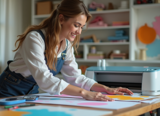Sublimation ou Cricut : lequel choisir pour ?tre plus performant ? Femme en atelier créatif manipulant du vinyle coloré