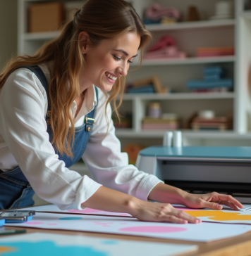 Sublimation ou Cricut : lequel choisir pour ?tre plus performant ? Femme en atelier créatif manipulant du vinyle coloré
