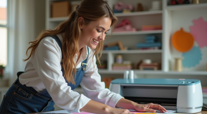 Femme en atelier créatif manipulant du vinyle coloré