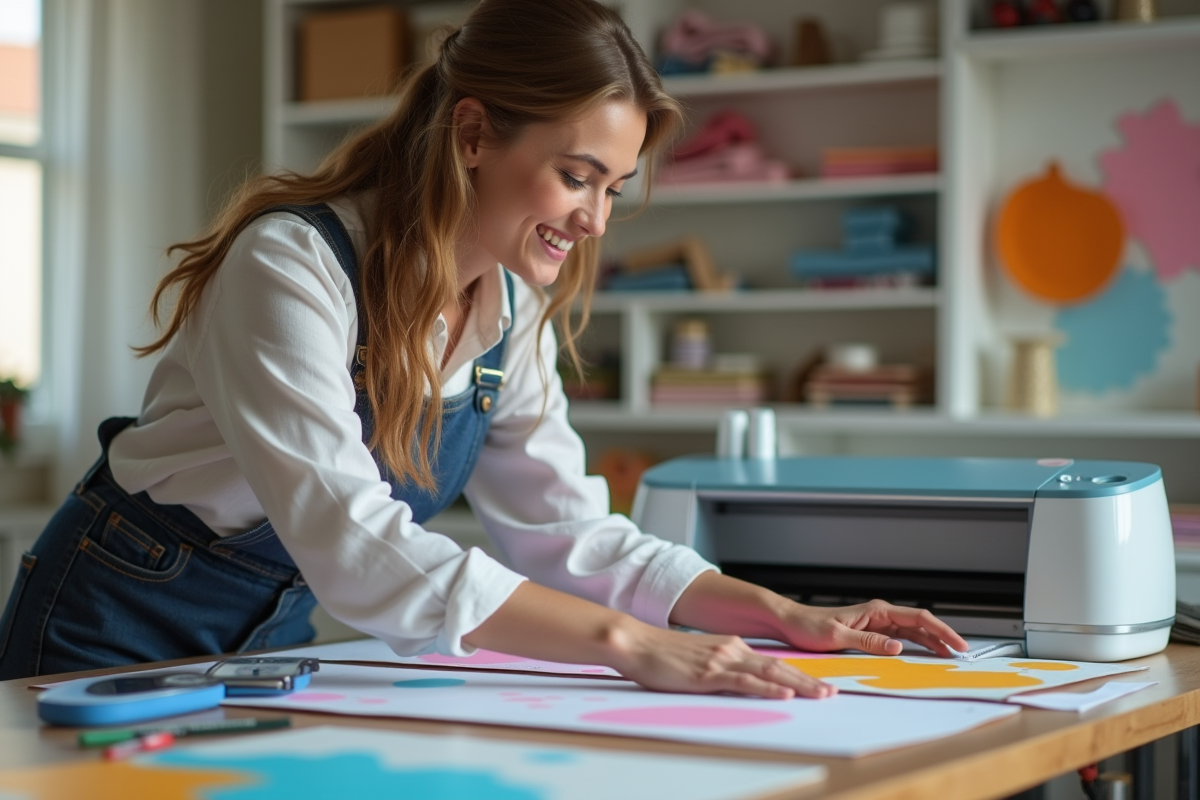 Femme en atelier créatif manipulant du vinyle coloré