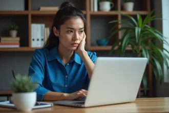 Femme concentrée sur son ordinateur dans un bureau cosy