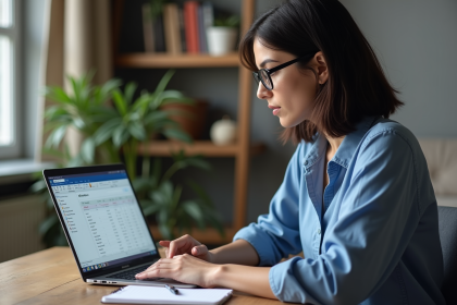 Femme concentrée sur son ordinateur dans un bureau cosy
