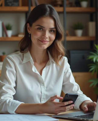 Jeune femme au bureau utilisant smartphone et ordinateur