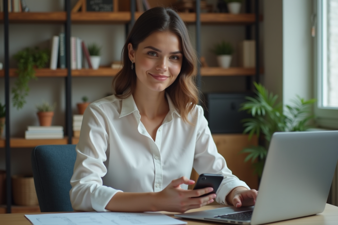 Jeune femme au bureau utilisant smartphone et ordinateur