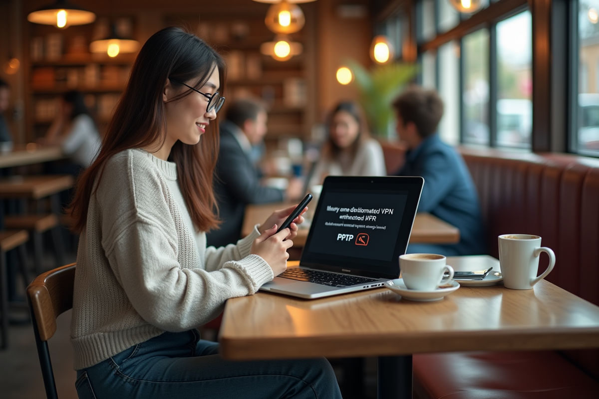 Jeune femme utilisant un VPN avec erreur PPTP au café
