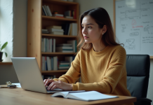 Programmation en C : meilleure approche fonctionnelle ou orientée objet ? Femme concentrée en coding C sur son ordinateur