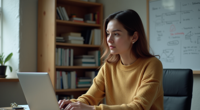 Femme concentrée en coding C sur son ordinateur