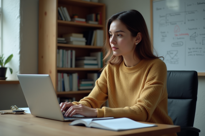 femme-dev-coding-bureau Femme concentrée en coding C sur son ordinateur