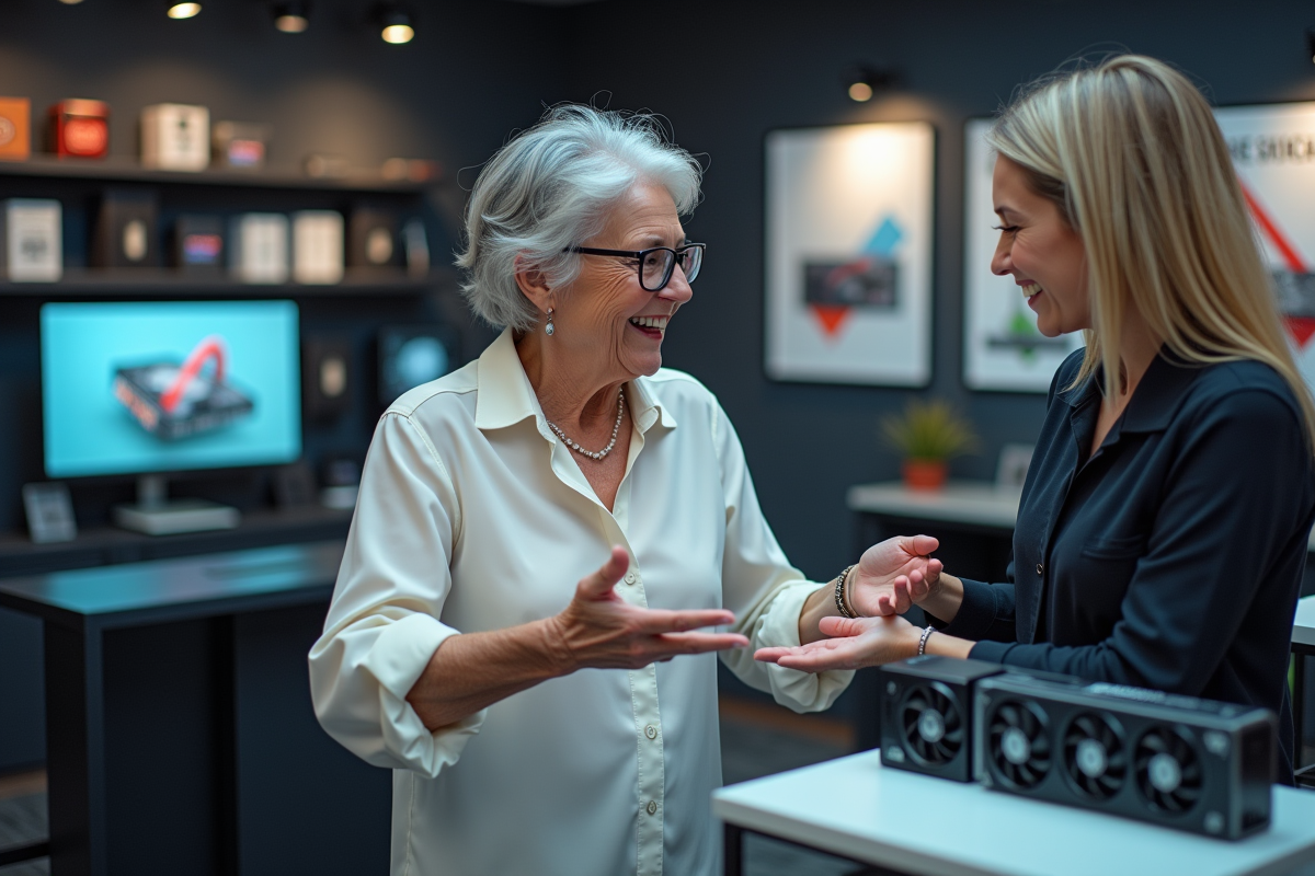 Femme discute de cartes graphiques avec un vendeur en magasin