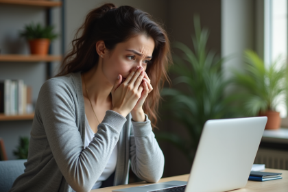 Femme inquiète assise à son bureau à la maison