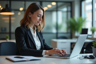 Femme en bureau analysant des graphiques marketing