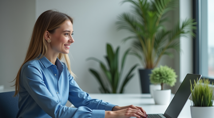Jeune femme souriante utilise un CRM sur son ordinateur