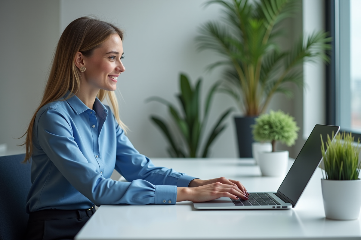 Jeune femme souriante utilise un CRM sur son ordinateur
