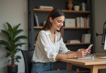 Jeune femme souriante utilisant son smartphone dans un bureau cosy